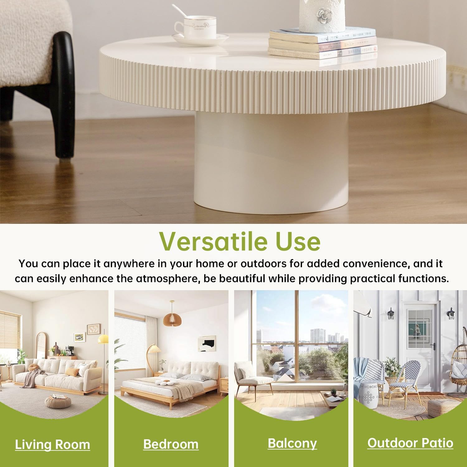 Round Drum Coffee Table White Round Fluted Coffee Table Modern Unique Fluted Drum Coffee Tables for Living Room (Ivory White, 30.7 * 30.7 * 13.6')