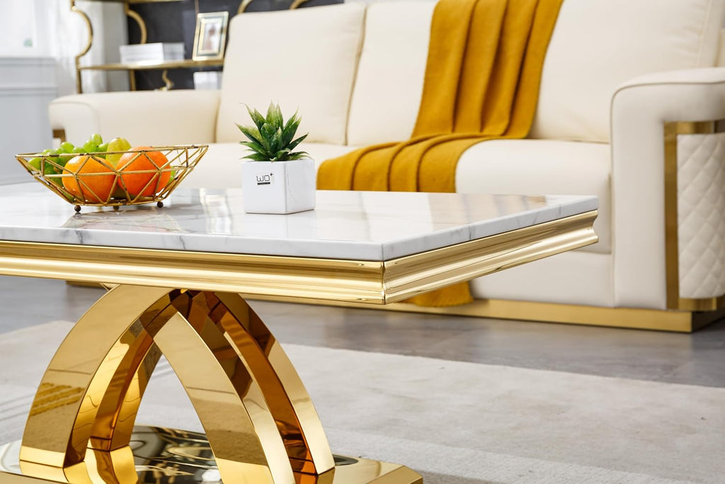 Modern Rectangle Coffee Table, 47-inch Coffee Tables for Living Room, White Faux Marble Coffee Table Accent Cocktail Table with Gold Stainless Steel X-Shape Frame for Home Office
