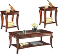 LEEMTORIG Coffee Table Set of 3 for Living Room, 3 Piece Glass Top Coffee Table and End Tables Set, Solid Wood Queen Anne Style 2-Tier Tables with Storage, Cherry Walnut KFZCJZ-A1168-GT