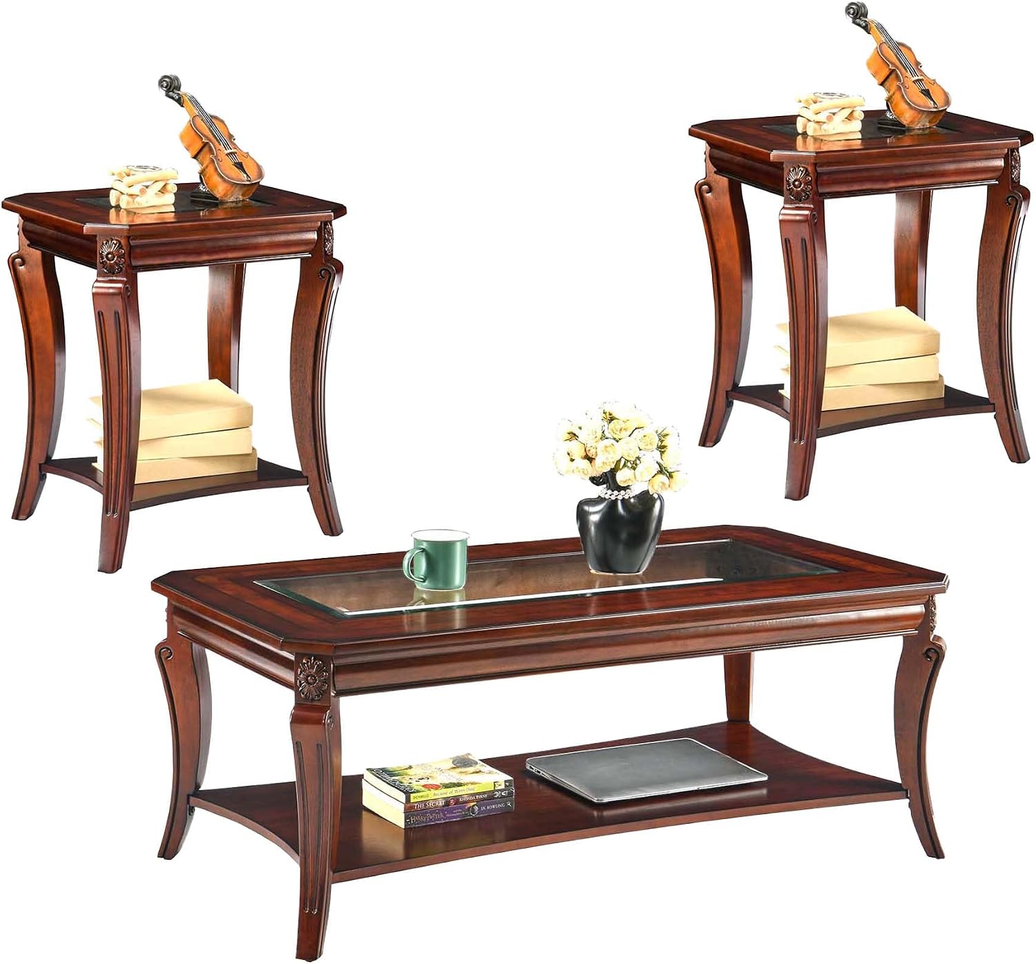 LEEMTORIG Coffee Table Set of 3 for Living Room, 3 Piece Glass Top Coffee Table and End Tables Set, Solid Wood Queen Anne Style 2-Tier Tables with Storage, Cherry Walnut KFZCJZ-A1168-GT