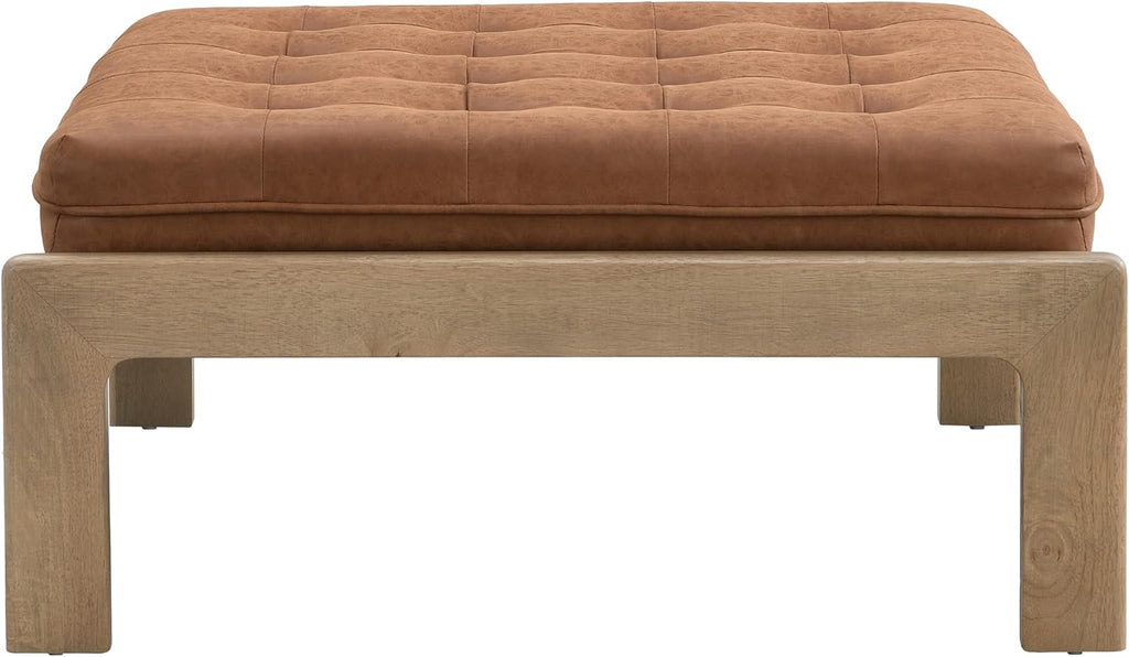 Merax 34'' Tufted Upholstered Cocktail Ottoman, Square Leather Ottoman Coffee Table, PU Leather Ottoman for Living Room, Bedroom, Office,Reddish Brown