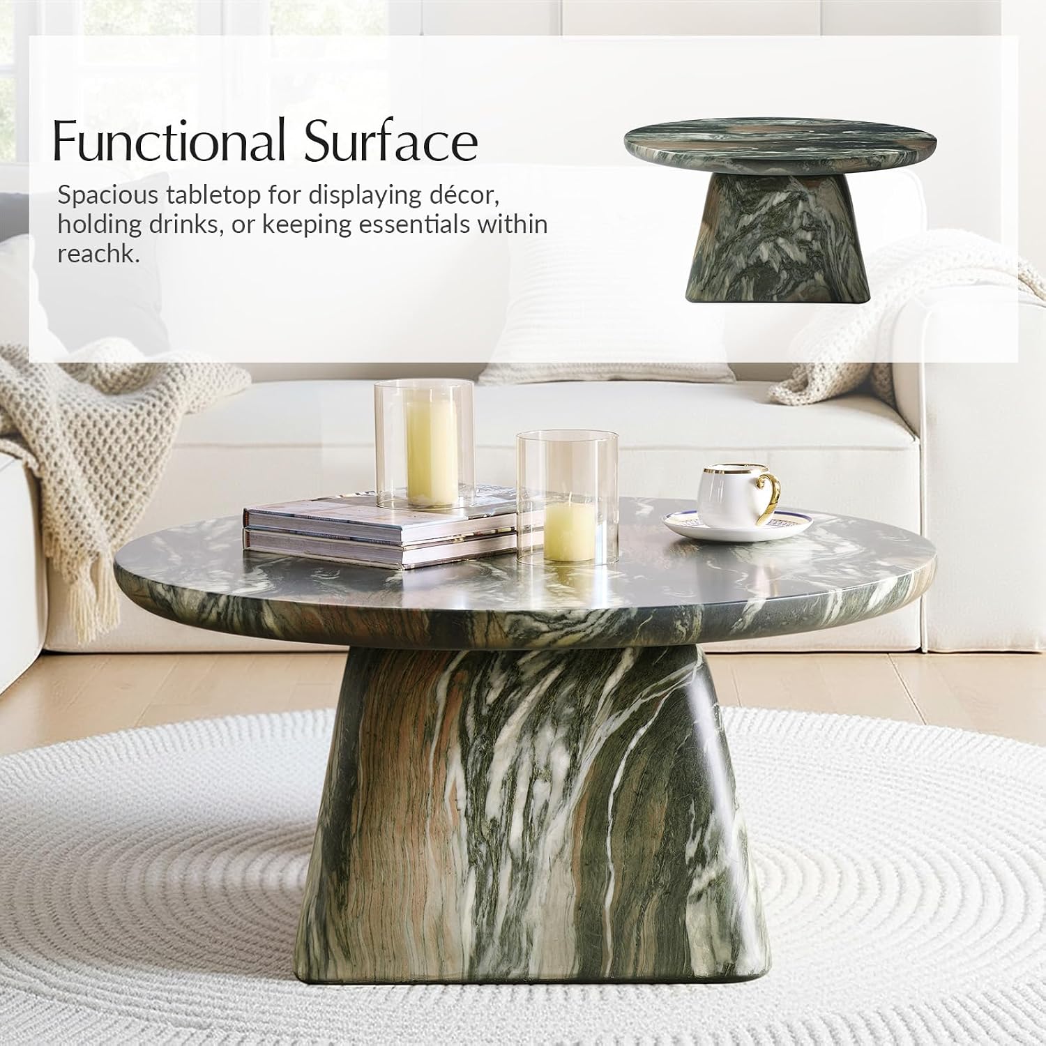HULALA HOME Modern 31.88' Round Coffee Table with Stone-Look Finish and Sculpted Pedestal Base, Stylish Living Room Center Table(Green)
