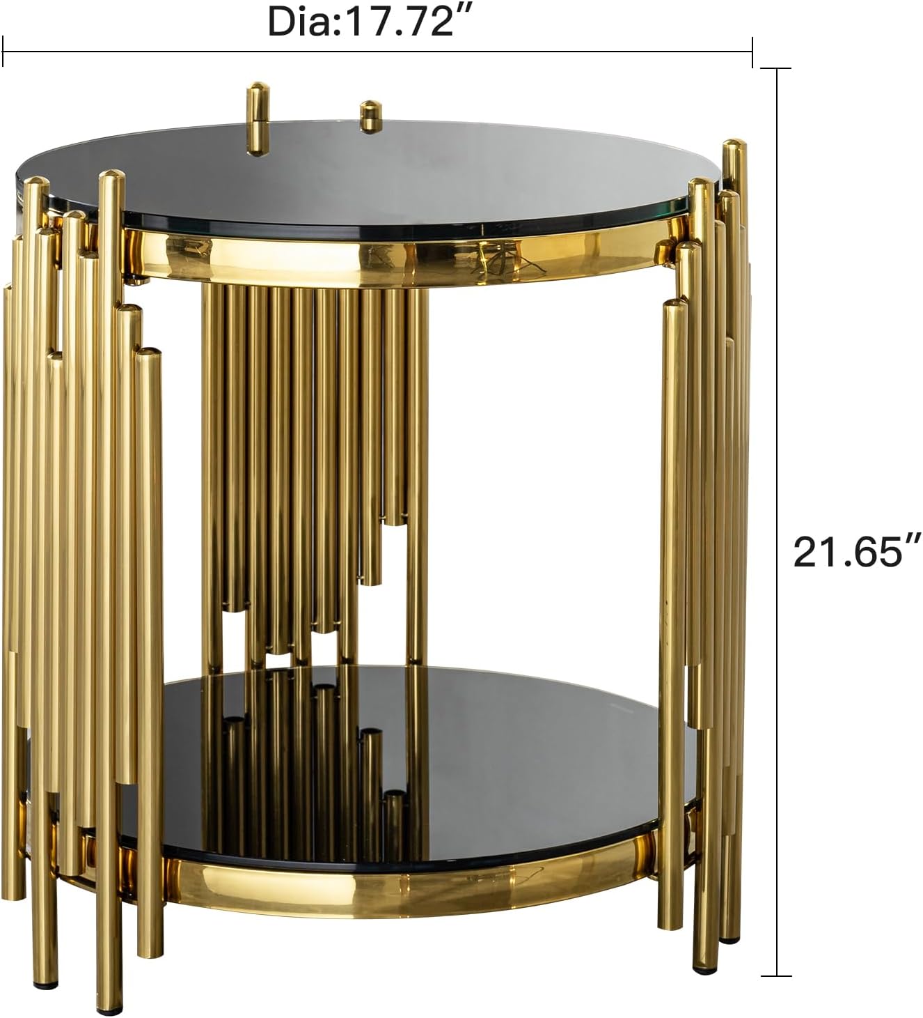 17.72'' Tempered Glass Side Table for Living Room, 2-Tier Modern Circle End Table, Glass Tabletop & Stainless Steel Frame, Easy Assembly, Black & Gold