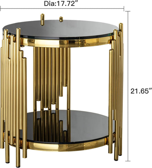 17.72' Black and Gold Tempered Glass Coffee Table with Storage, Luxury Circle Center Table with Shelf, 2 Tier Round CoffeeTable for Living Room Modern Mirror CoffeeTable, Circular Stainless Steel Base