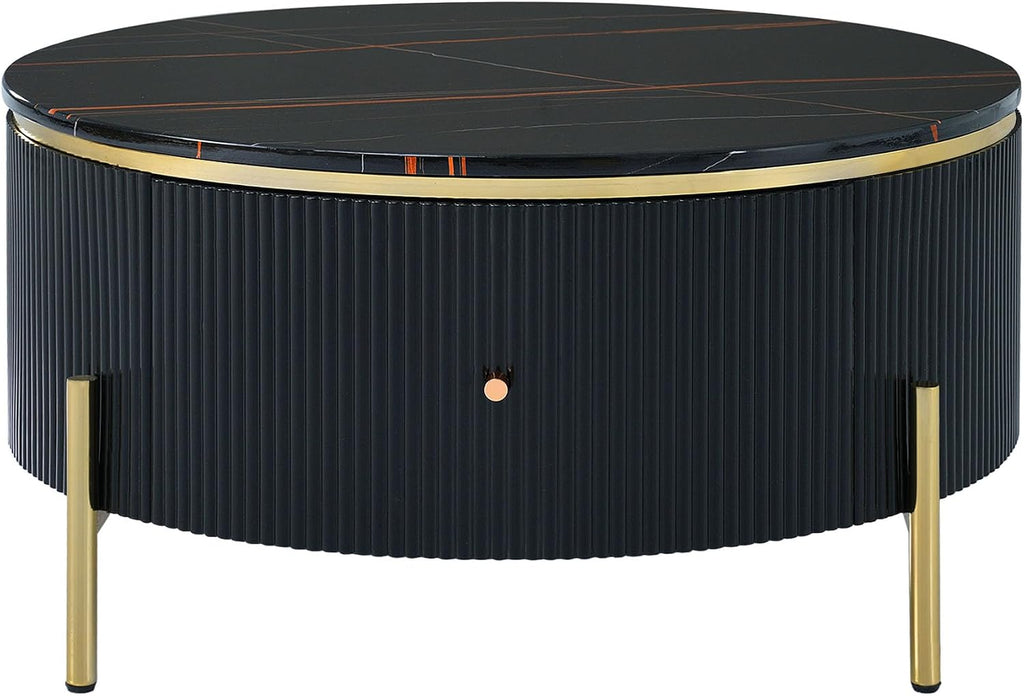 Modern Round Coffee Table with 2 Large Drawers Storage Accent Table for Living Room, Black(31.5'')