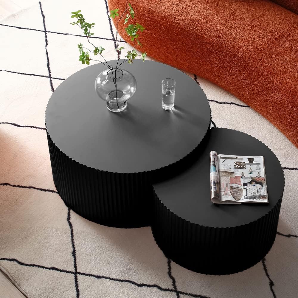 Nesting Coffee Table Set of 2, Modern Round Coffee Table End Table Set for Living Room, Wood Circle Drum Side Table,Black