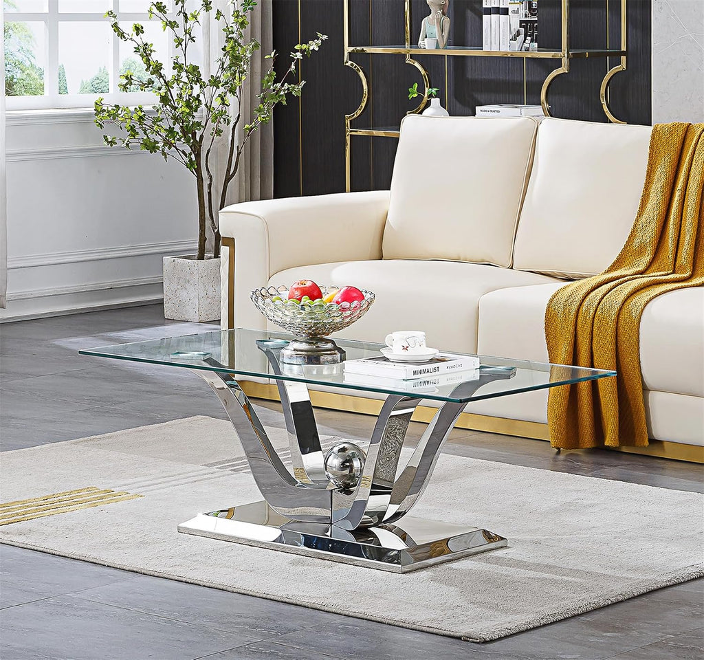 Glass Coffee Table Set of 3, Silver Coffee Table with 2 Square End Side Tables, Modern 3 Piece Living Room Table Set with Gorgeous Stainless Steel Frame for Apartment Home Office,Easy Assembly