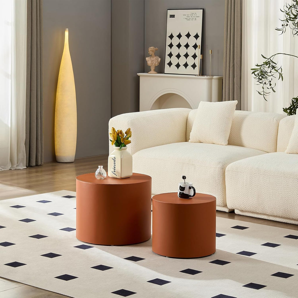 19.09' Modern Coffee Table Set of 2, Leather Accent Tables, Wooden Minimalist Side Tables for Small Spaces, Living Room, Bedroom, Office & Balcony(Orange)