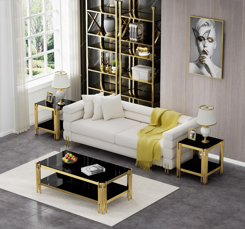 SSLine 3-Piece Living Room Table Set, Modern Black Glass Coffee Table with 2 End Table, Luxury Rectangle 2-Tier Storage Coffee Table Set with Gold Stainless Steel Frame for Living Room