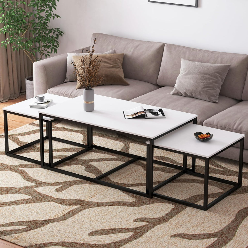 Nesting Coffee Tables,3 Piece Living Room Coffee Table,Industrial Rectangular Coffee Table Set,End Table Side Tables for Living Room Bedroom(White)