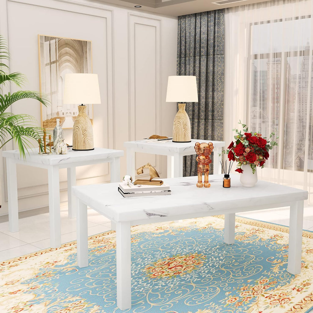 DKLGG Faux Marble Coffee Table Set of 3 Piece, Living Room Table Set Coffee Table & 2pcs End Table with Metal Frame Sofa Side Tables Perfect for Living Room Apartment Accent Furniture