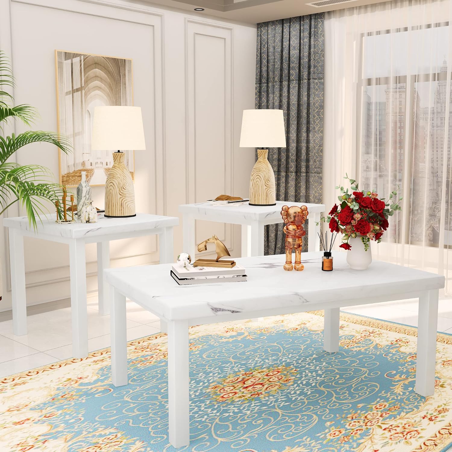 DKLGG Faux Marble Coffee Table Set of 3 Piece, Living Room Table Set Coffee Table & 2pcs End Table with Metal Frame Sofa Side Tables Perfect for Living Room Apartment Accent Furniture