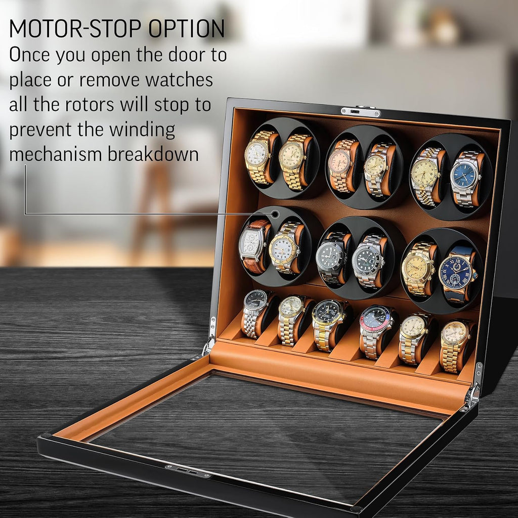 TIMECUBE 12 Watch Winder with 6 Storage Slots, LED Light and Automatic Motor-Stop