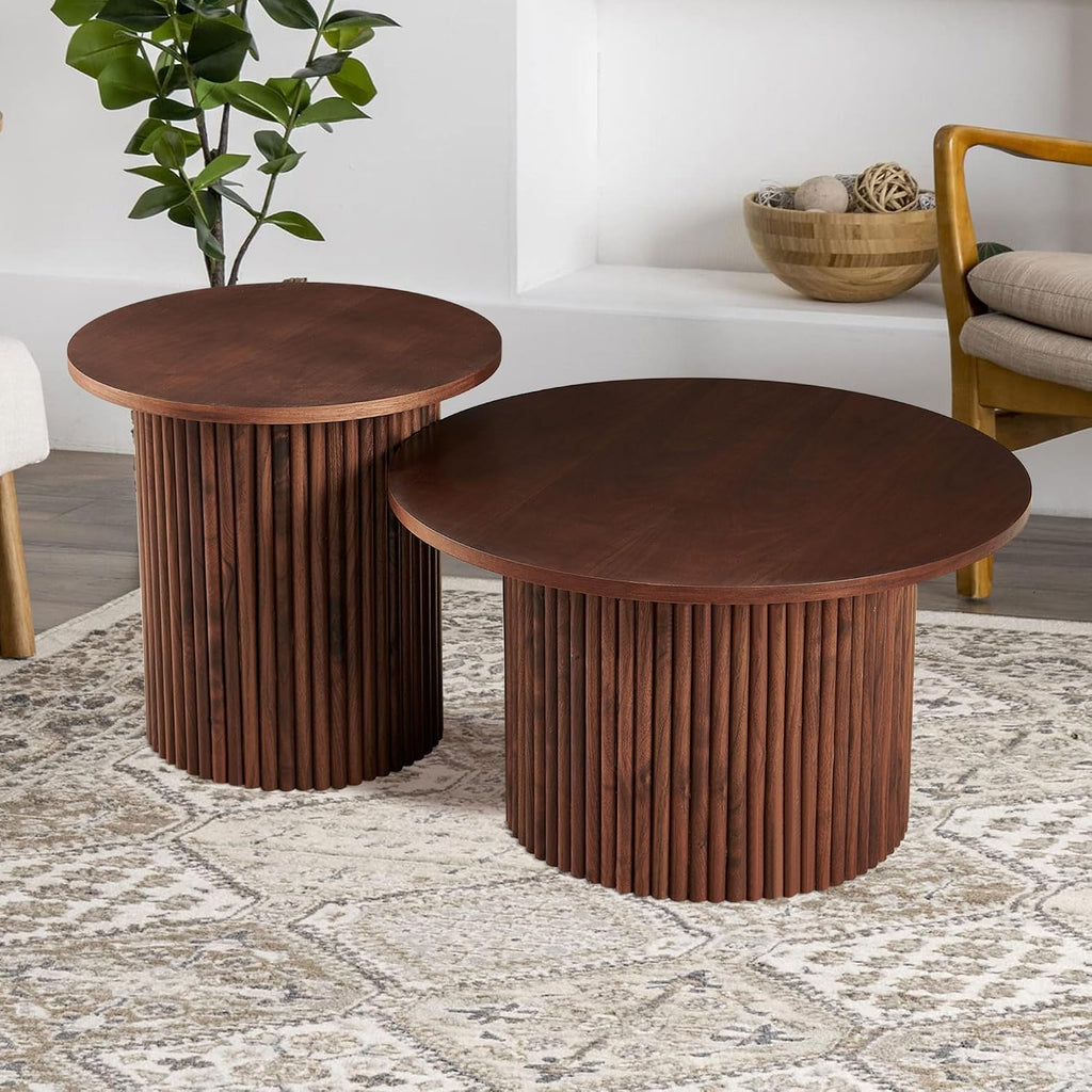 Round Coffee Table Set of 2,Small Side Table Set of 2, Circle Accent Tables with Walnut Wood Veneer Tabletop, Engineered Wood Strip Base for Small Spaces, Living Room