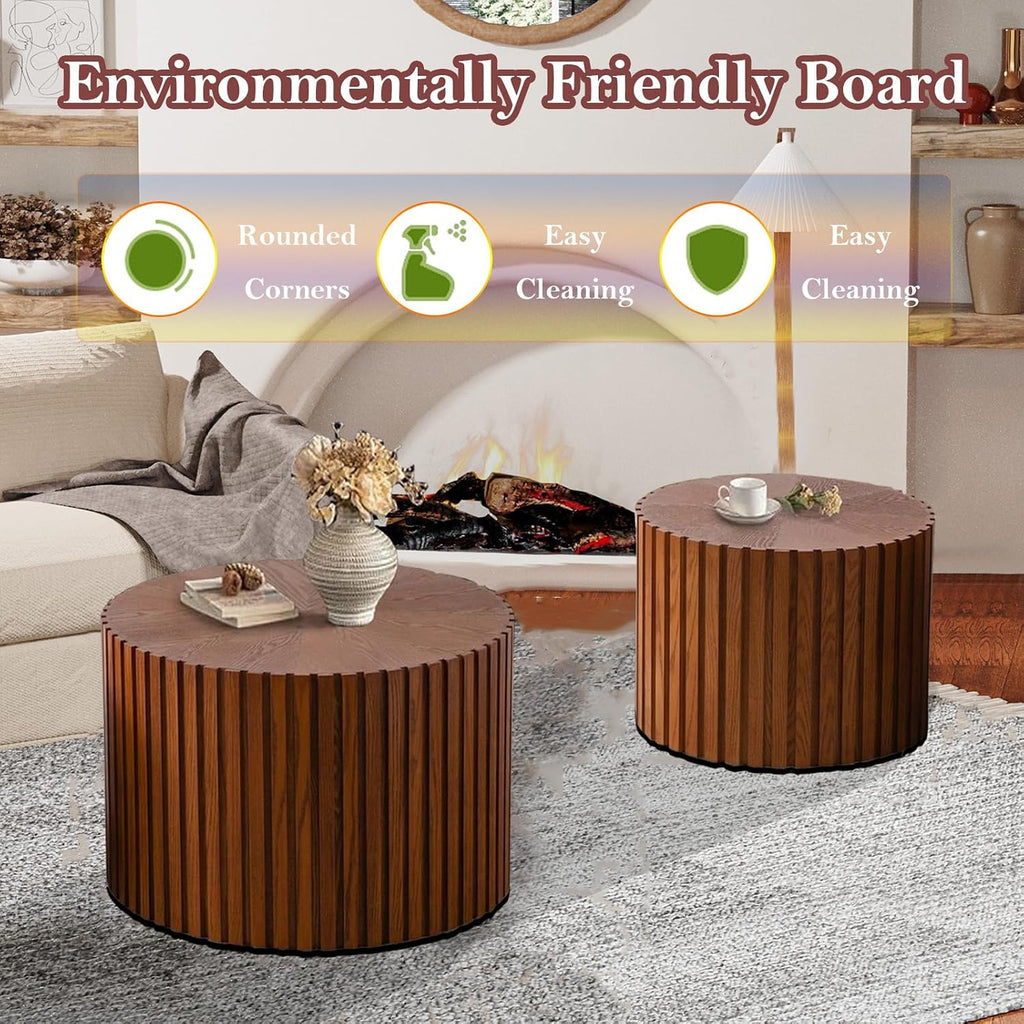 Handcraft Round Nesting Coffee Table - Chic Wave Stripe Edge, Modern Stylish Walnut Wooden Circle Fluted Center Table for Living Room (18.9IN+15IN)
