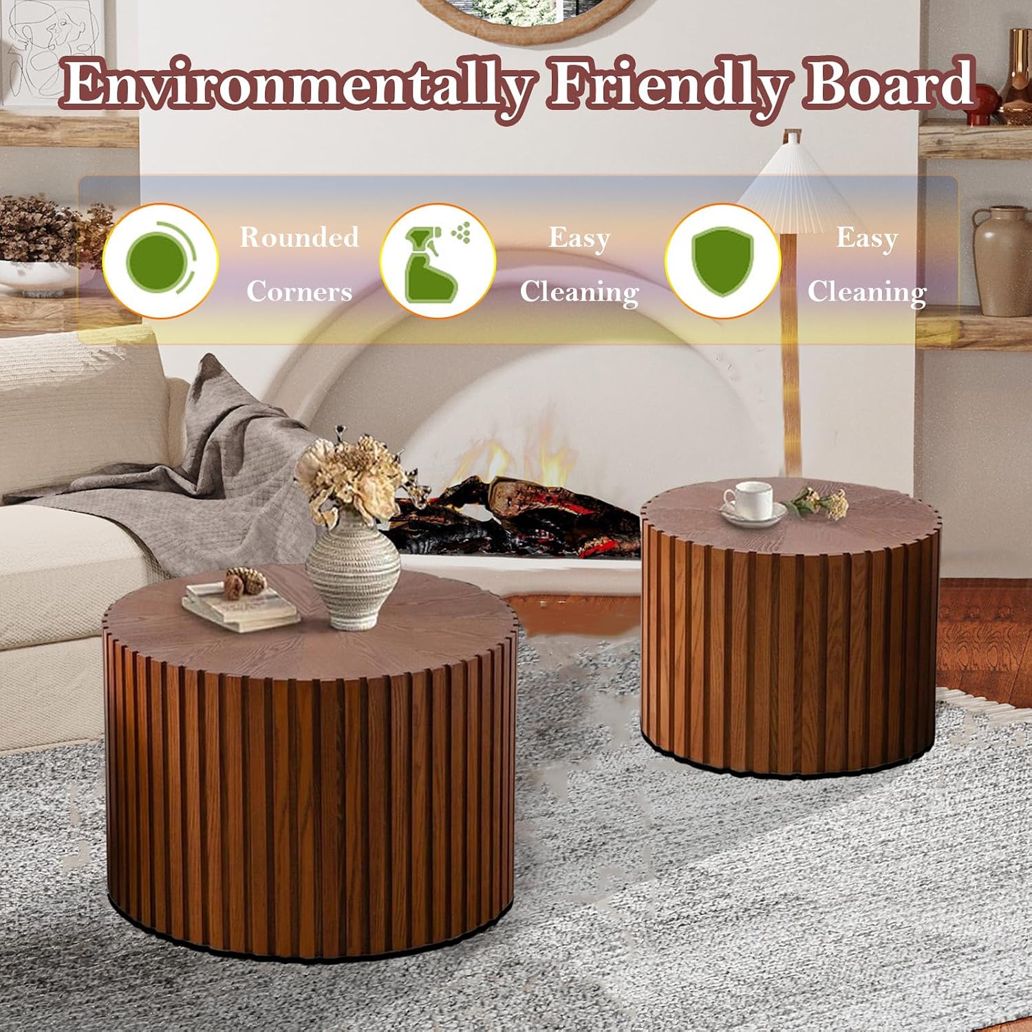 Handcraft Round Nesting Coffee Table - Chic Wave Stripe Edge, Modern Stylish Walnut Wooden Circle Fluted Center Table for Living Room (18.9IN+15IN)