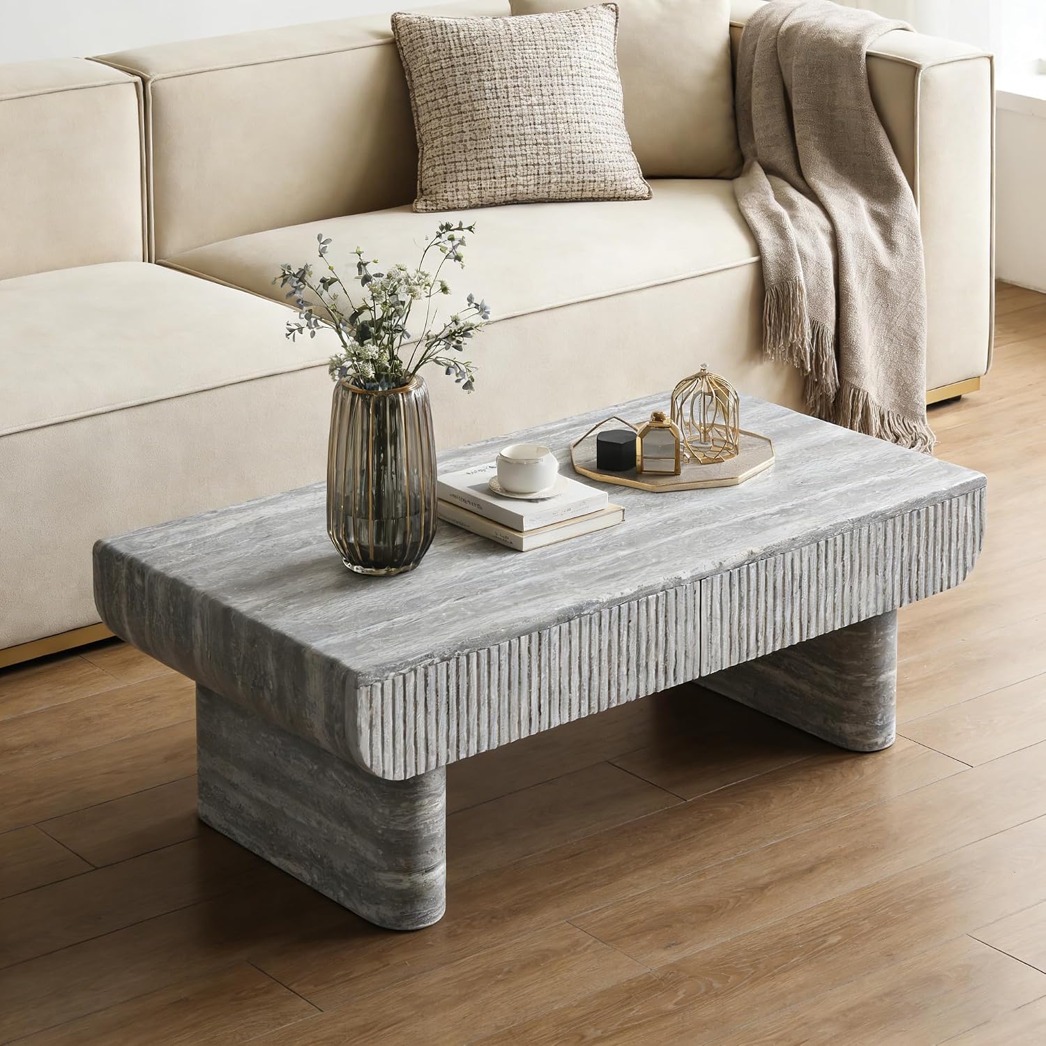 47' Grey Travertine Coffee Table with 2 Fluted Drawers,Modern Concrete Coffee Tables with Pedestal Legs for Living Room, Rectangular Coffee Center Tea Table with Storage for Apartment Bedroom