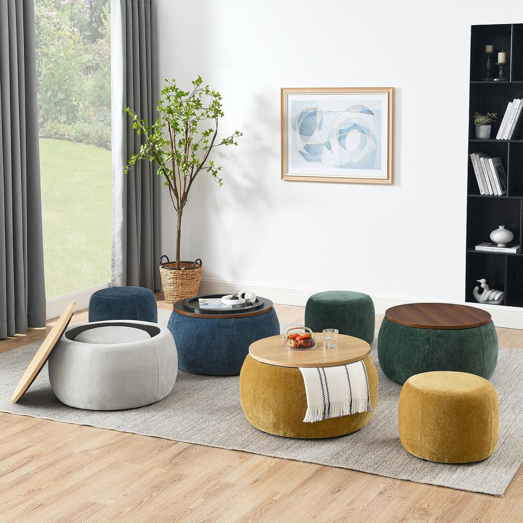 Round Ottoman with Storage Set, 25' +18' Circle Coffee Table Upholstered Nesting Modern End Table Footstool with Removable Wood Tray Chenille for Living Room No Assembly, Light Grey