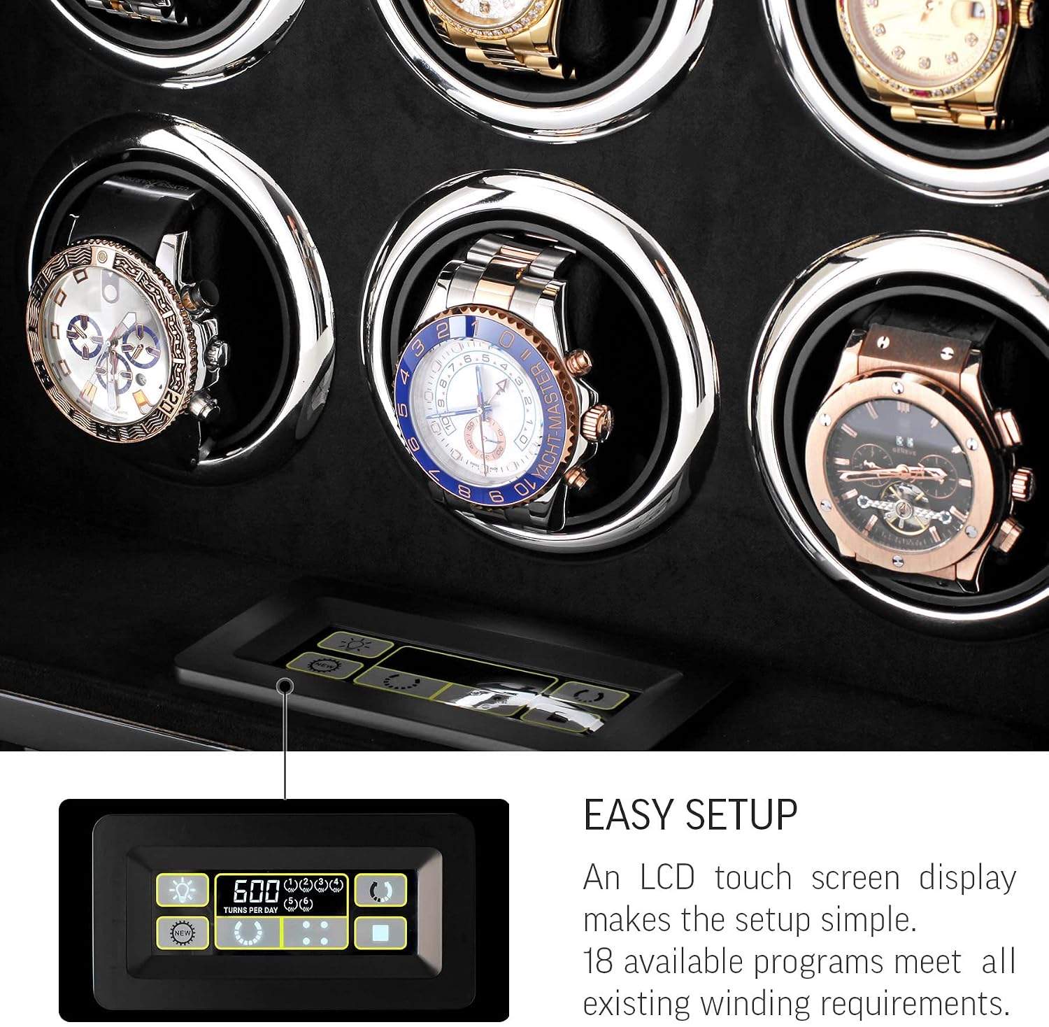 Watch Winder for 6 Watches with LED Light, LCD Display and Motor-Stop Option