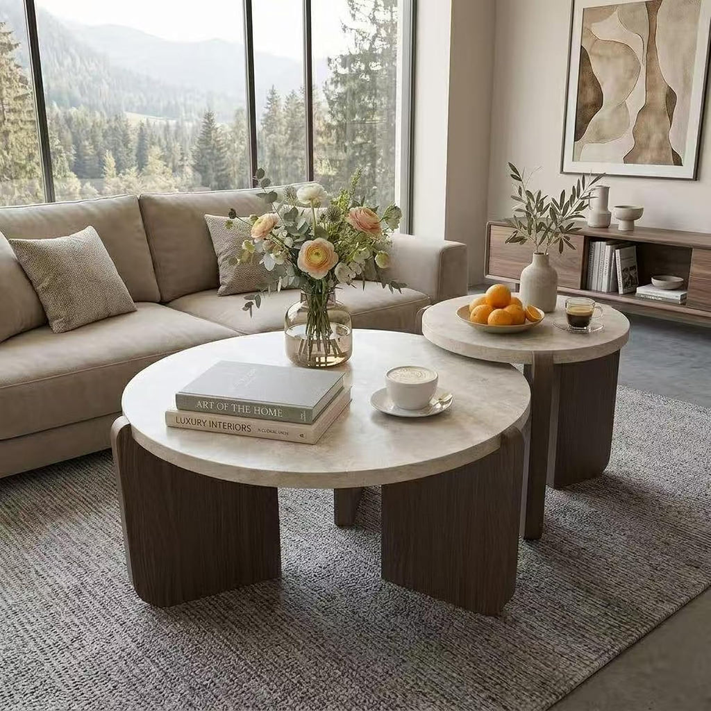 HOMPUS Modern Coffee Table Set of 2, Round Faux Marble Coffee Table and End Table Set, Farmhouse Living Room Table Set with Wooden Legs for Apartment, Small Space, Home Office