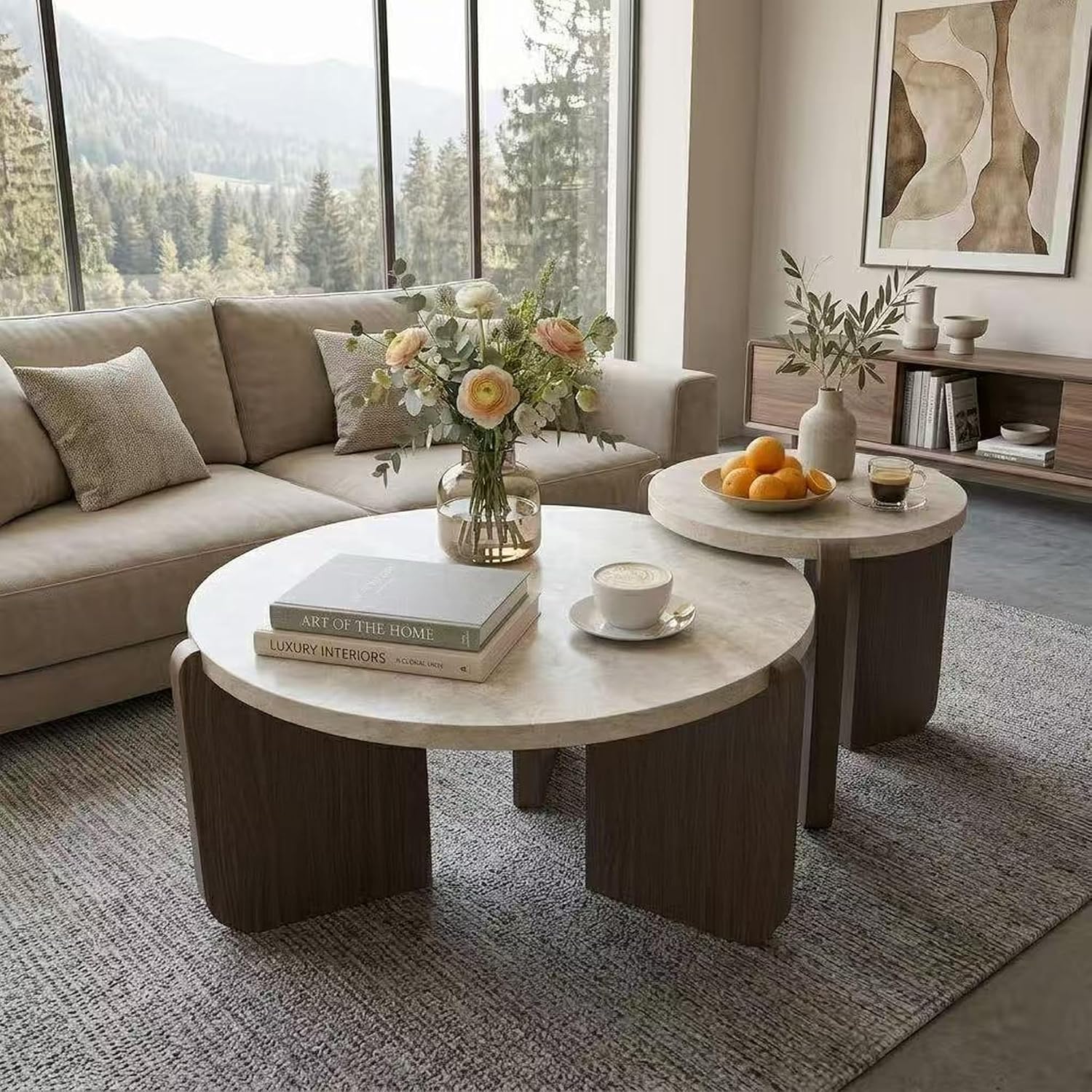 HOMPUS Modern Coffee Table Set of 2, Round Faux Marble Coffee Table and End Table Set, Farmhouse Living Room Table Set with Wooden Legs for Apartment, Small Space, Home Office