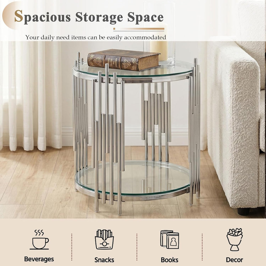 Round Glass End Table, 19.7' Circle Sofa Side Table with Silver Stainless Steel Base, Clear Glass Accent End Table Bedside Table Nightstand for Living Room Bedroom Office
