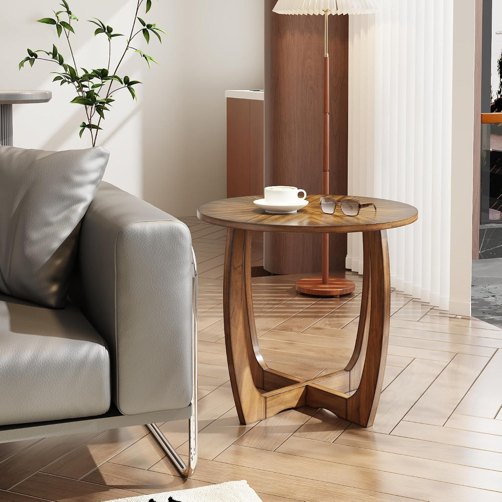 3-Piece Living Room Table Set, Farmhouse Solid Wood Table Set, Included Round Coffee Table and 2 End Tables with Criss-Cross Legs for Apartment Home Office, Accent Furniture, Brown Tea