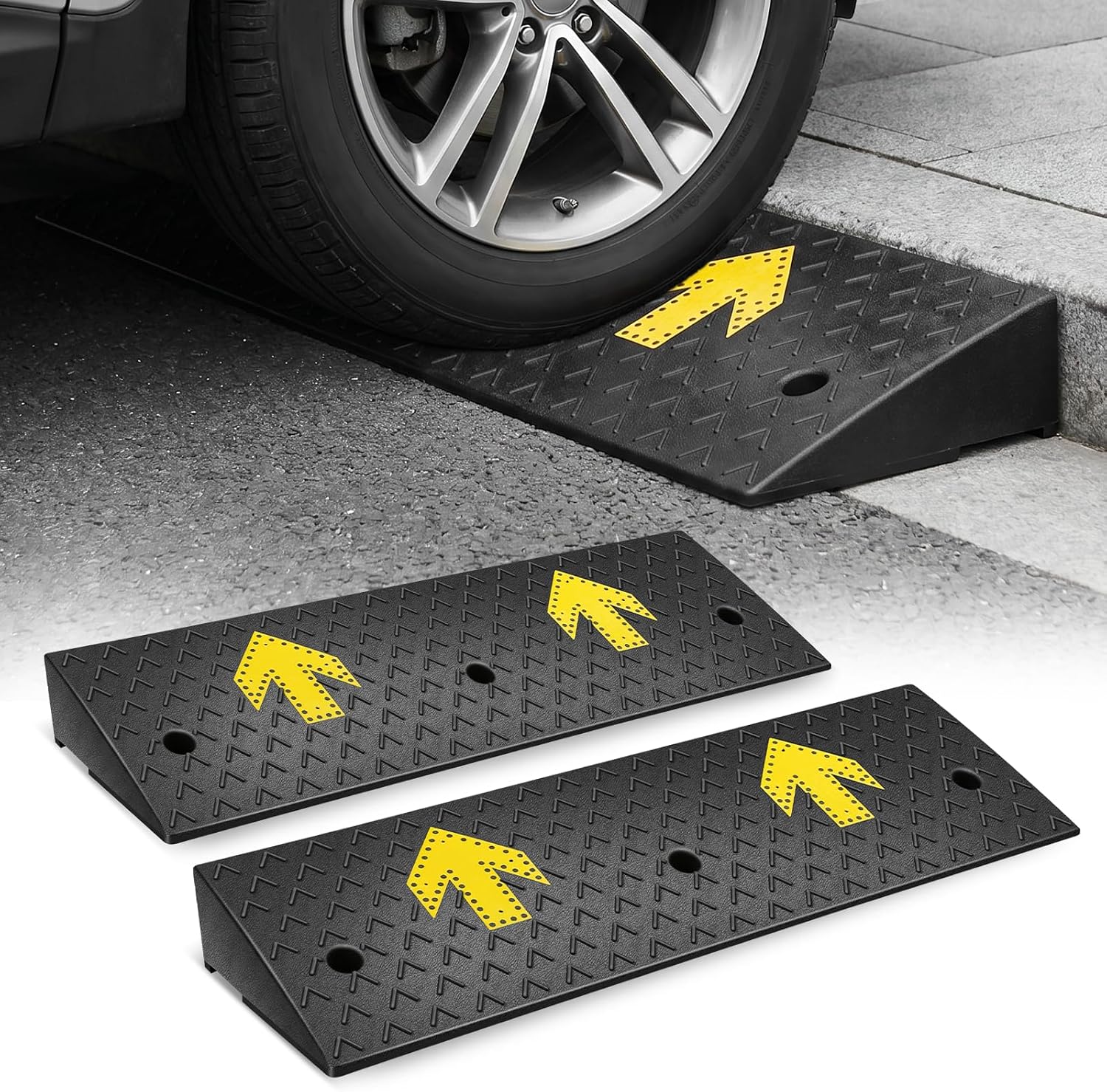 Magshion 2 Pack 4.3' Rise Rubber Curb Ramp for Driveway, 4400 lbs Capacity Per Ramp, 37.4' Wide Heavy Duty Threshold Ramp for Car, Wheelchair, RV, Trailer, Mower, Truck, Scooter & Motorcycle