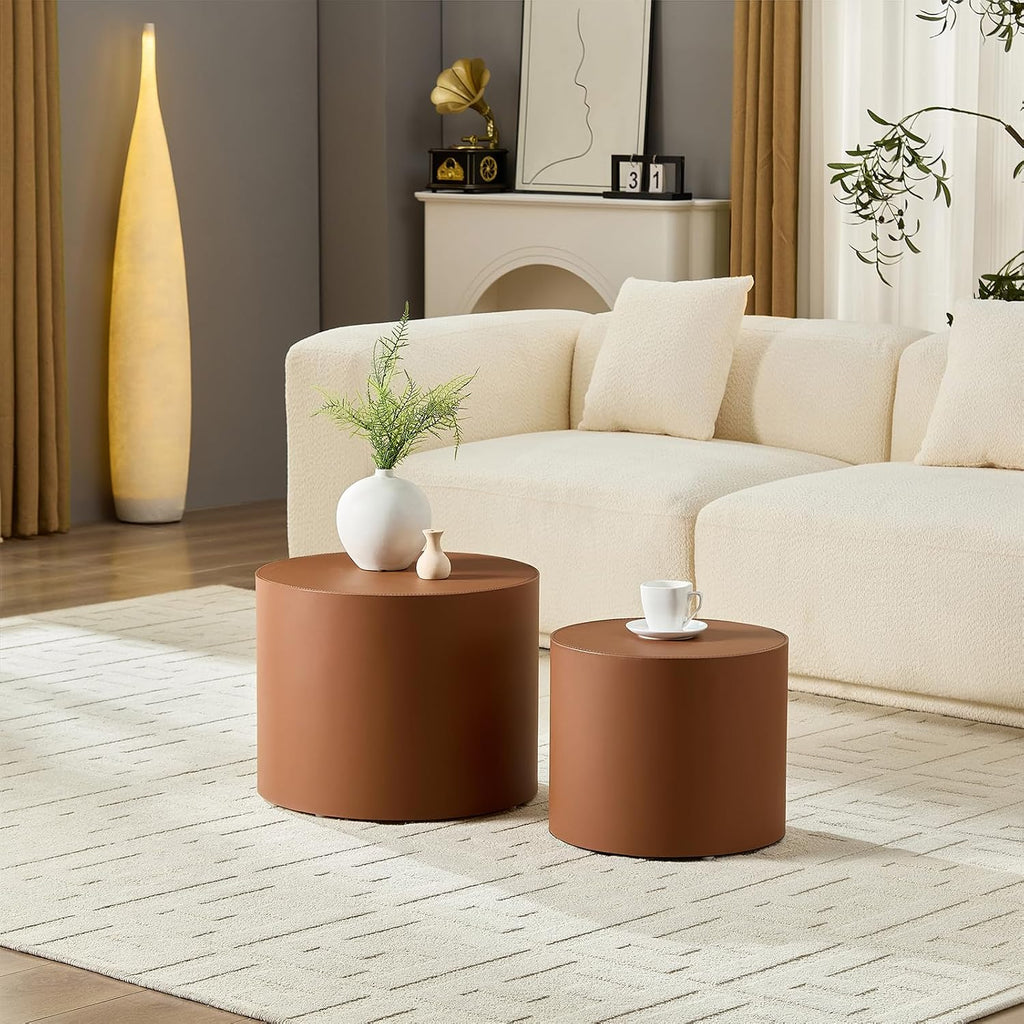 Round Coffee Table Set of 2, Modern Leather Circle Accent Tables, Minimalist MDF Coffee Table Sets for Living Room, Bedroom, Office & Balcony(Brown)