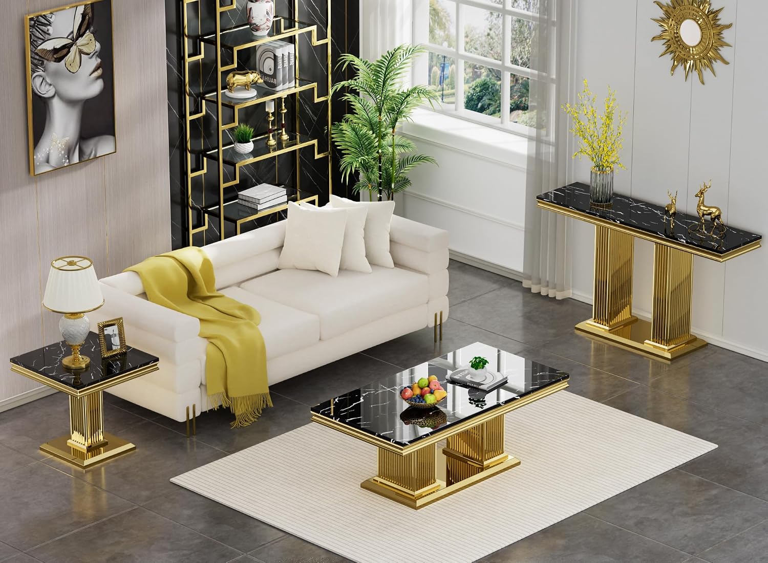 3 Pieces Living Room Table Set, Faux Marble Coffee Table Set of 3, Modern Coffee Table, Console Table and End Table with Column-Shaped Stainless Steel Base for Living Room Office Black Gold