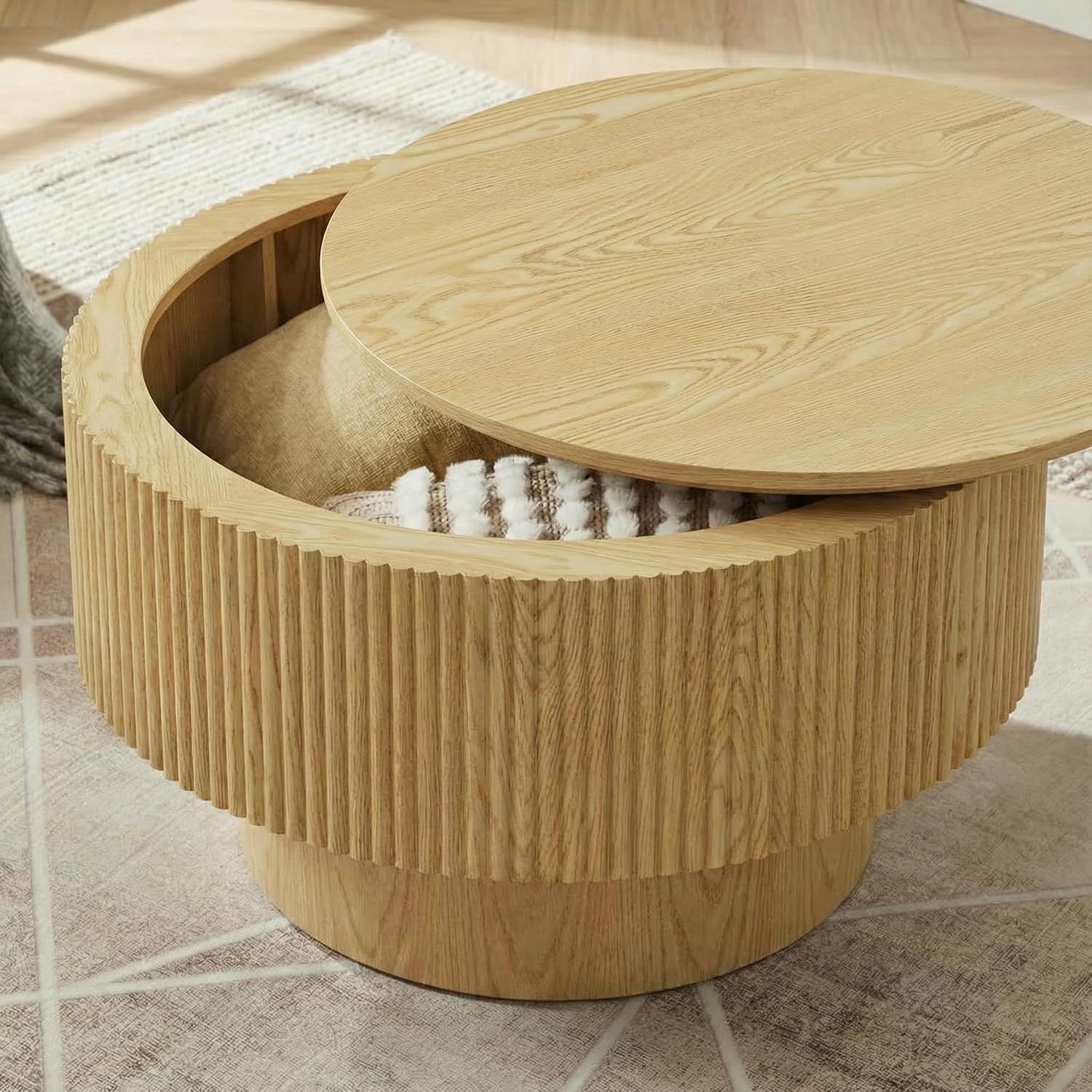 Round Coffee Table, Fluted Coffee Table with Storage, Modern Living Room Table Beside Sofa, Circle Coffee Table for Living Room, Couch, Conference Room