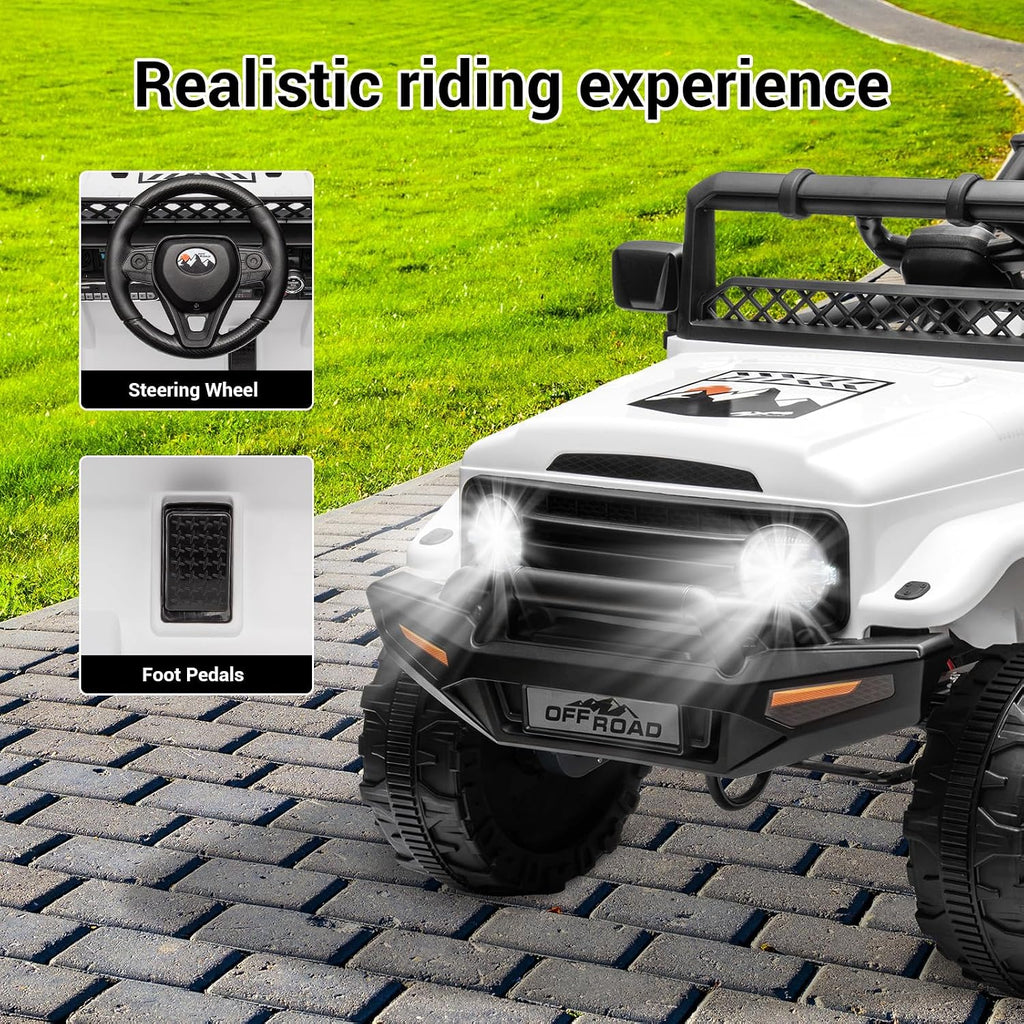 SEHOMY 12V Kids Ride On Truck with Parent Remote, 4 Wheelers Battery Powered Electric Toys Car for Kids - 3 Speed, Spring Suspension, LED Lights, Safety Start, Music, Kids Electric Vehicles White