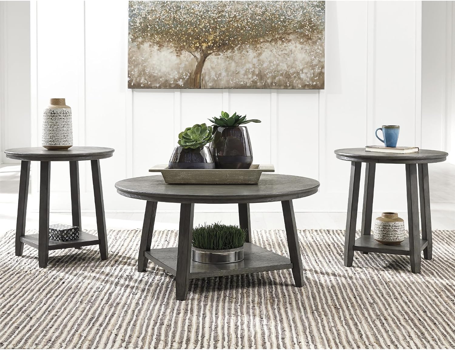 Signature Design by Ashley Caitbrook Neutral 3 Piece Table Set with Coffee & 2 End Tables, Grayish Brown