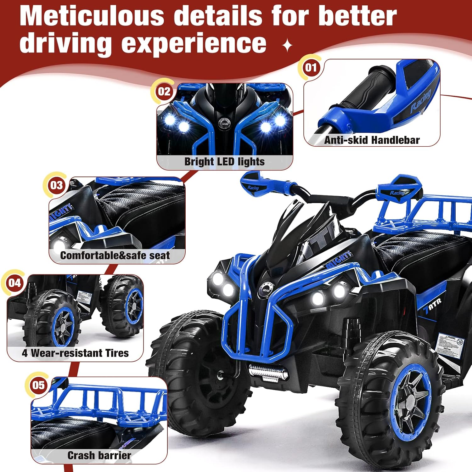 Soar Four Wheeler for Kids – Electric Toddler ATV 4 Wheeler for Ages 3–6, 12V Ride On Quad with LED Lights, Music, High/Low Speed, USB/TF, Treaded Tires, Blue
