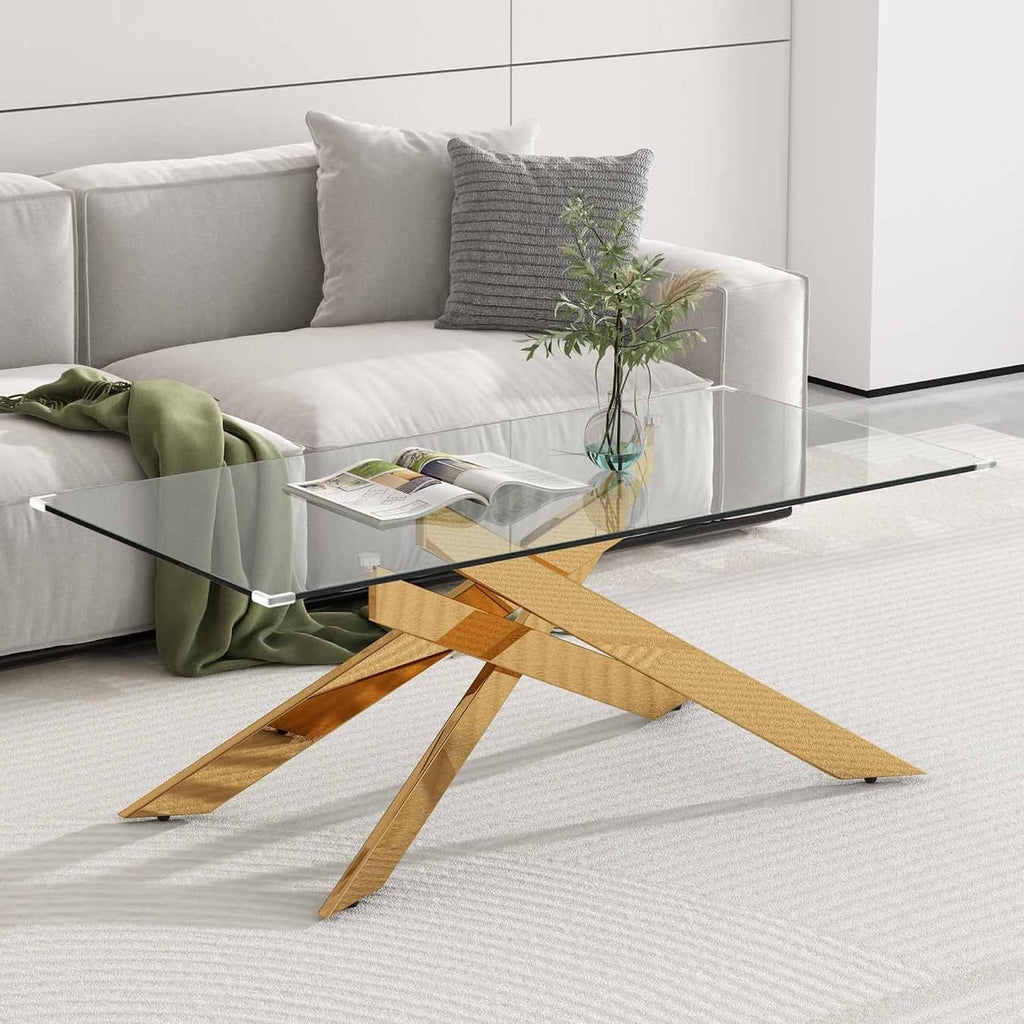 3 Pieces Living Room Table Set, 47' Glass Coffee Table and 2 End Table, Glass Coffee Table Set with Tempered Glass Tabletop and Metal Legs, for Living Room, Leisure, Apartment