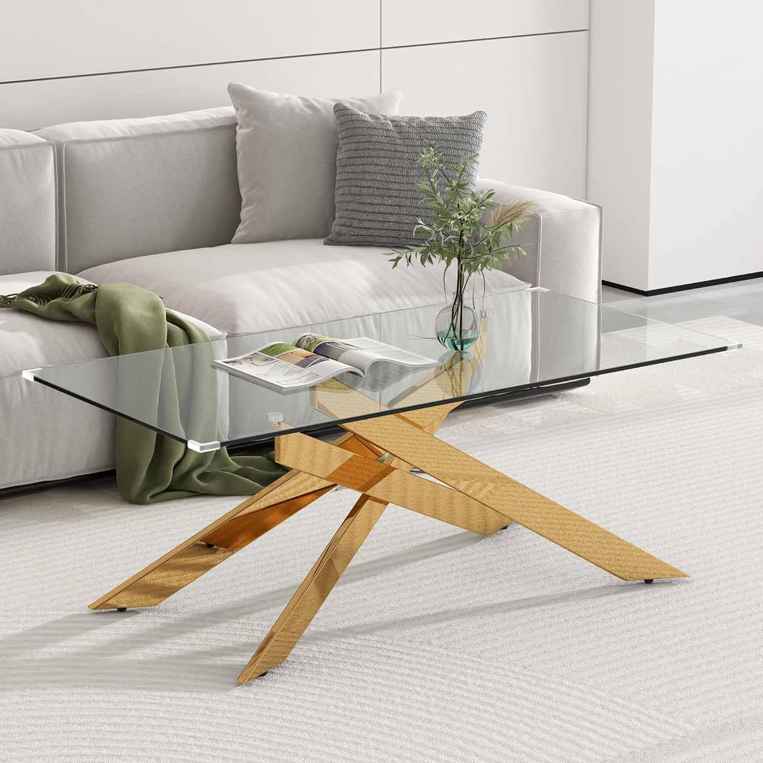 3 Pieces Living Room Table Set, 47' Glass Coffee Table and 2 End Table, Glass Coffee Table Set with Tempered Glass Tabletop and Metal Legs, for Living Room, Leisure, Apartment