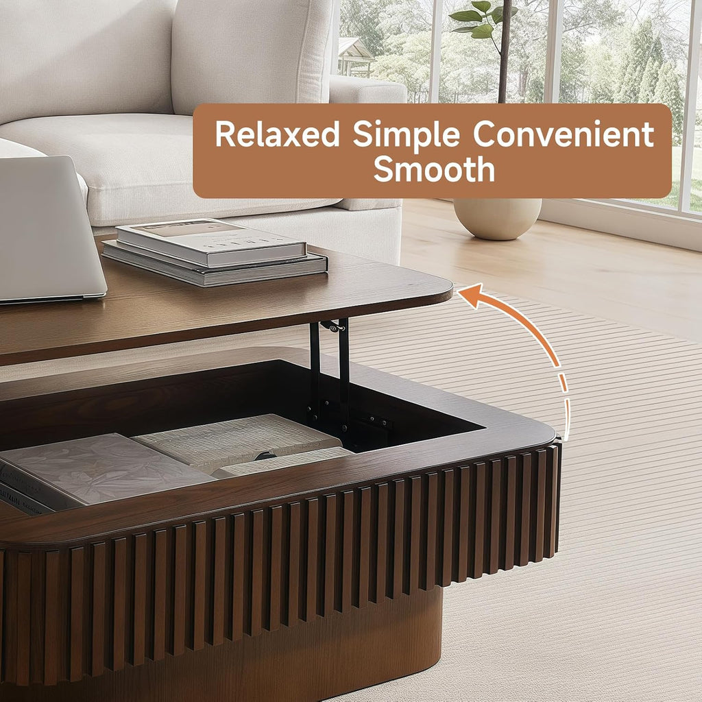 Lift Top Coffee Table for Living Room, Fluted Coffee Tables with Storage, Solid Wood Veneered Modern Accent Tea Center Table for Small Space Apartment (Walnut-38.6''D×26.8''H)