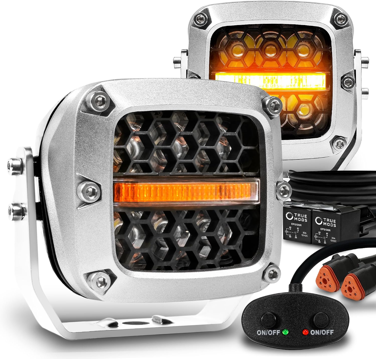 True Mods 3' 120W LED Pods Offroad Driving Light Cube Pair Set [Amber Turn Signal Marker Light] Off-Road Lights for UTV ATV Jeep Wrangler SxS 4x4 Truck Pick-Up Auto Car Vehicle - Chrome