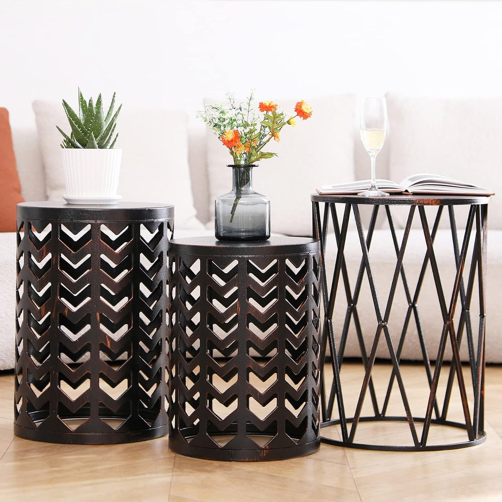 HFHOME Multifunctional Nesting Round Metal Coffee End Tables, Set of 3 Modern Nightstands Decor Side Tables Plant Stand for Home Office Indoor Garden Outdoor-Bronze