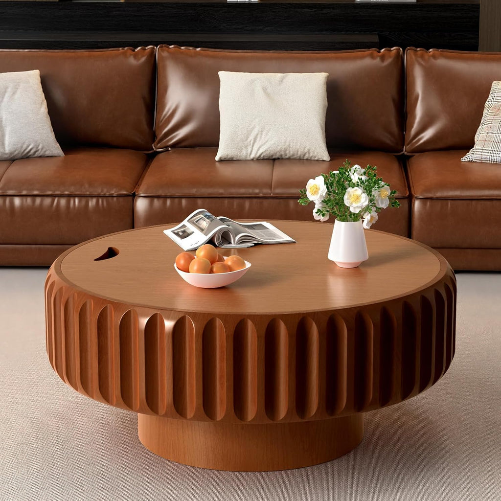 Round Wood Fluted Coffee Table with Storage, 31' Round Fluted Coffee Table with Flip-Top Lid Mid Century Modern Low Circle Drum Coffee Tables for Living Room (Brown, 31 inch)