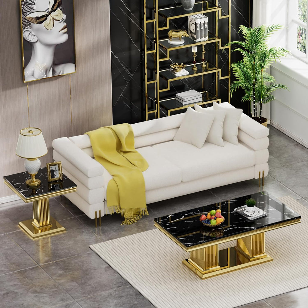 2 Pieces Coffee Table Set, Faux Marble Living Room Table Set of 2, Modern Coffee Table and End Table with Column-Shaped Stainless Steel Base for Living Room Office (Black Gold)