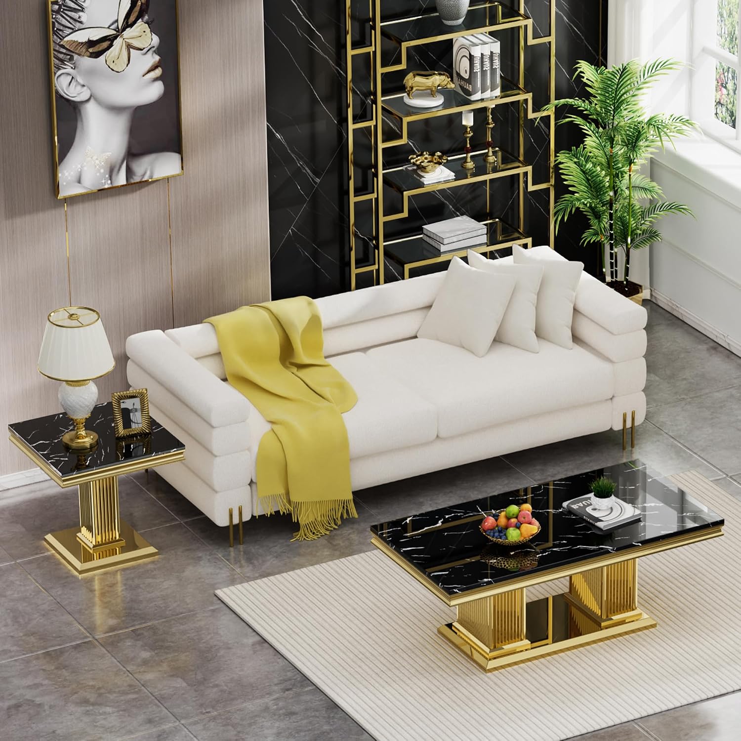2 Pieces Coffee Table Set, Faux Marble Living Room Table Set of 2, Modern Coffee Table and End Table with Column-Shaped Stainless Steel Base for Living Room Office (Black Gold)