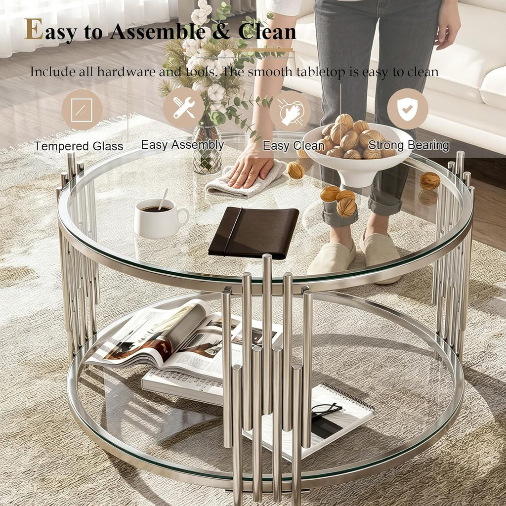 Round Glass Coffee Table with Storage, Luxury 2-Tier Living Room Center Table w/Silver Stainless Steel Frame, Modern 31.5' Circle Glass Coffee Cocktail Tea Table for Home Office