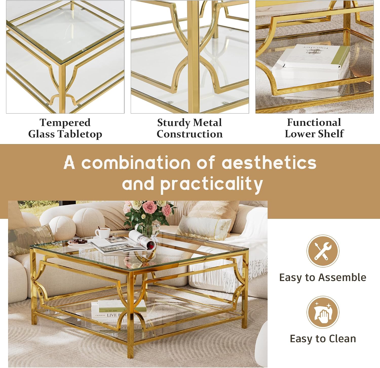 33.5' Square Glass Coffee Table with Storage, Modern 2-Tier Tempered Glass Accent Coffee Table with Metal Frame for Living Room, Minimalist Gold Cocktail Center Table for Office, Apartment