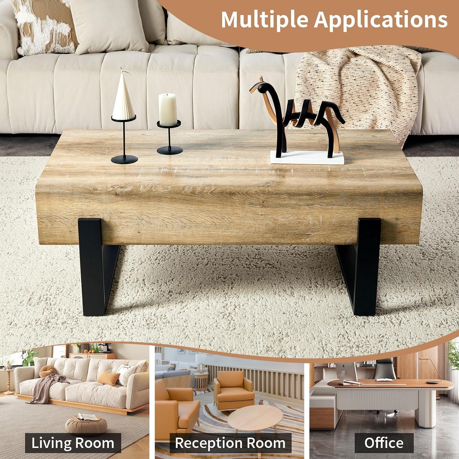 47.24' Rectangle Coffee Table, Wood Coffee Table Center Table with 7.8' Thick Tabletop Metal Legs Rounded Corners for Living Room Office, Natural Wood