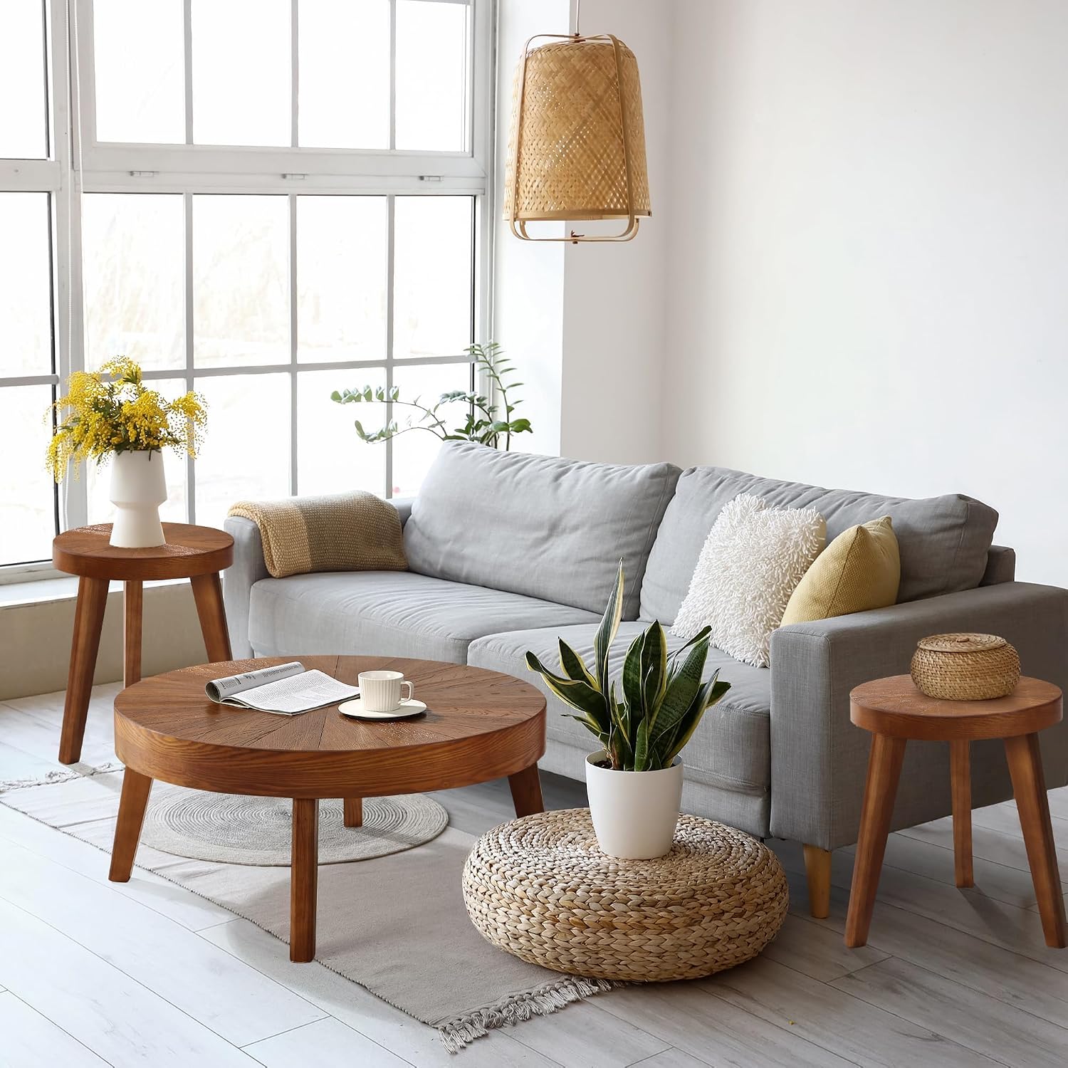 HOKYHOKY Farmhouse Round Coffee Table Set of 3, Boho Sofa Side Nesting Tables End Table Set with Wood Natural Finish for Living Room, Bedroom, Home Office,Brown