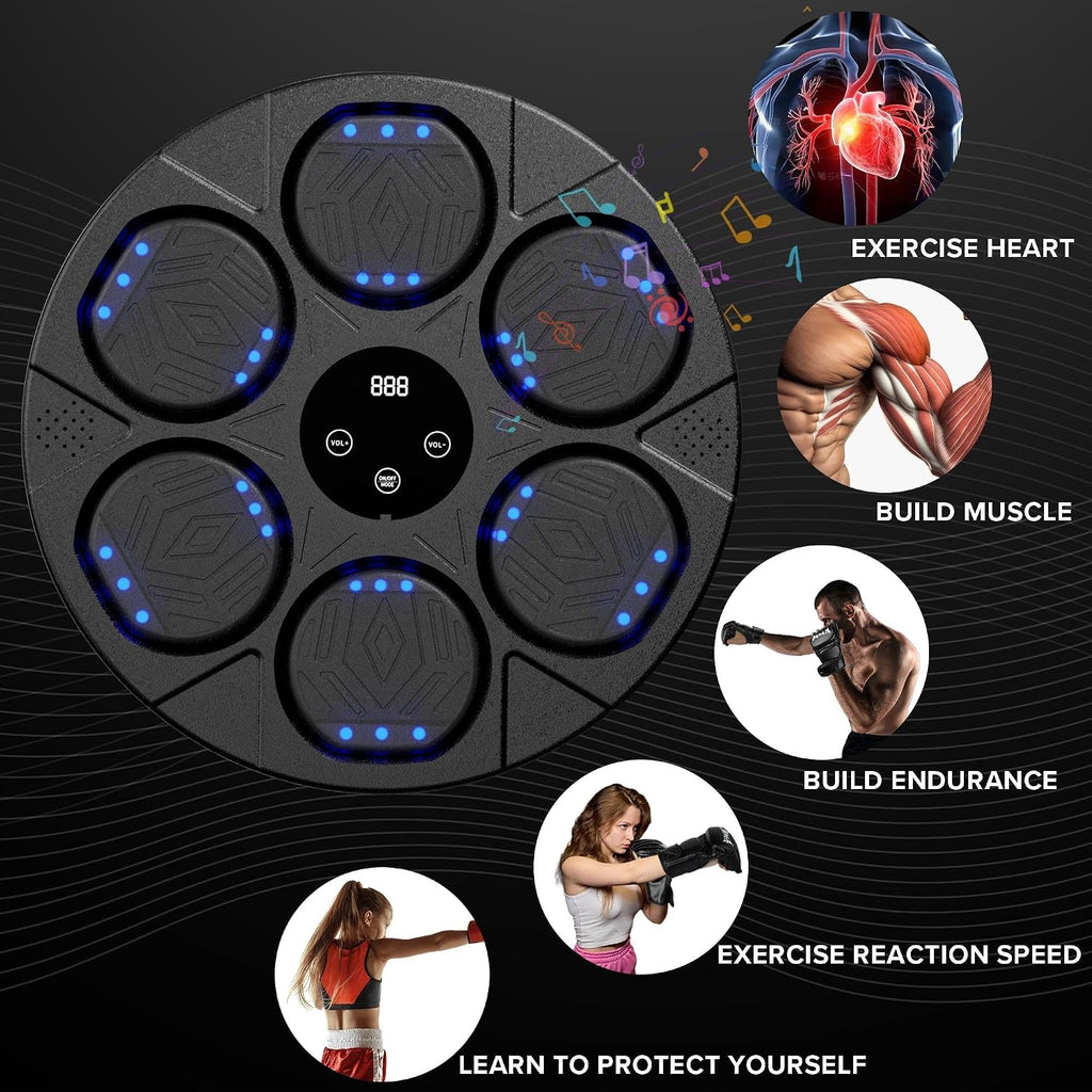 Music Boxing Machine Wall Mounted Smart Boxing Kit with 2 Pairs Gloves | 6 Light-Up Targets, Bluetooth Speaker, Reaction Training, 2 Pairs Gloves, Headbands & Towels Included