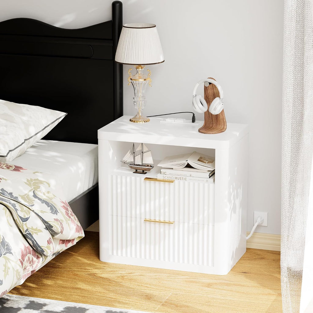 YESHOMY Fluted Nightstand with Charging Station,24' Night Stand with 2 Drawers and Storage Shelf,RGB LED Lighting,Arc Edge Fluted Bedside Table for Bedroom,White