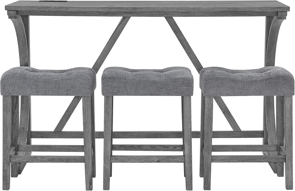 Merax 59 Inch Industrial Bar Table Set with Power Outlet, 3 Linen Upholstered Stools, Counter Height Table Set with 24 Inch Seat Height Stools for Kitchen, Living Room,Grey+Gray