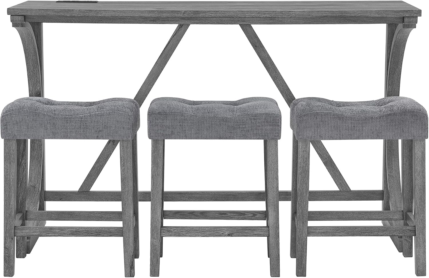 Merax 59 Inch Industrial Bar Table Set with Power Outlet, 3 Linen Upholstered Stools, Counter Height Table Set with 24 Inch Seat Height Stools for Kitchen, Living Room,Grey+Gray